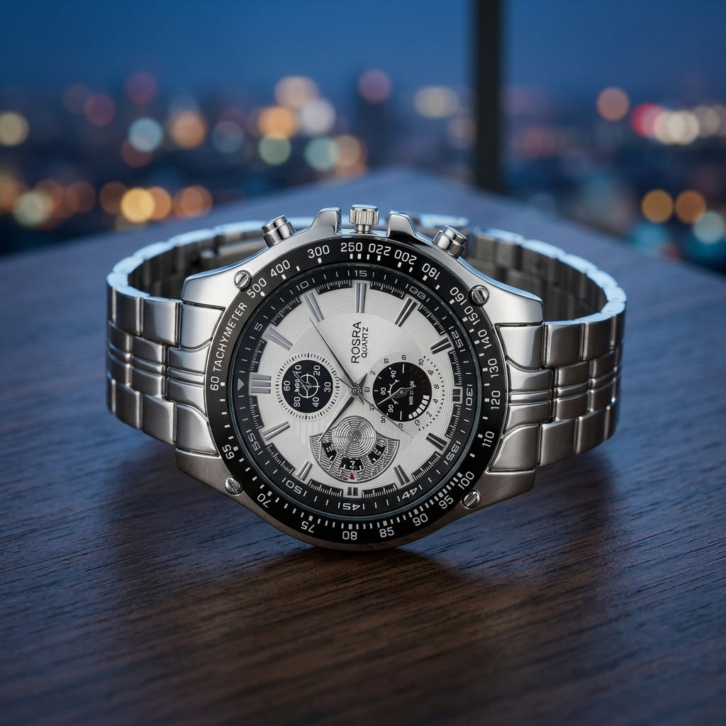Montre Homme Chronographe Acier Tachymètre – acier argent, lunette noire, cadran blanc