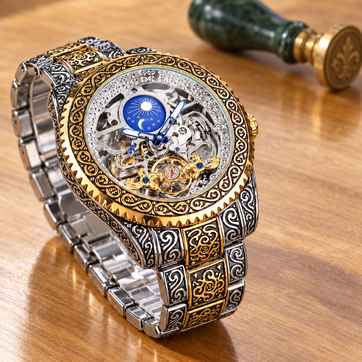 Montre Homme Squelette Gravée – acier gravé argent et or, cadran squelette à lune bleue