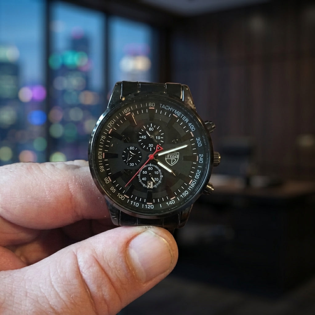 Montre Homme Chronographe Acier – tout noir, cadran noir, index blancs, portée au poignet