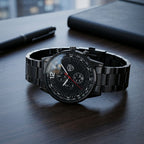 Montre Homme Chronographe Acier – tout noir, cadran noir, index blancs
