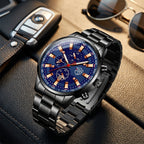 Montre Homme Chronographe Acier – acier noir, cadran bleu, index or rose