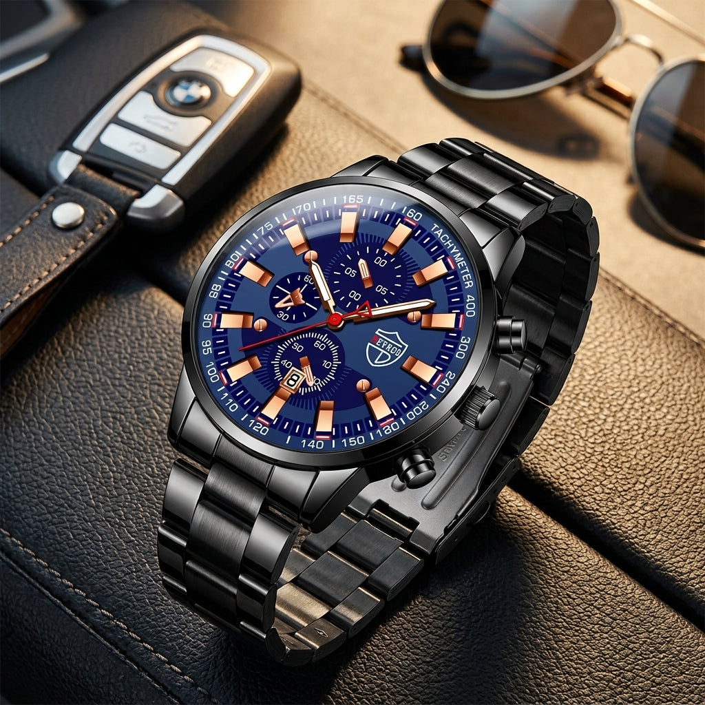Montre Homme Chronographe Acier – acier noir, cadran bleu, index or rose