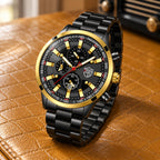 Montre Homme Chronographe Acier – acier noir, lunette or, cadran noir, index or