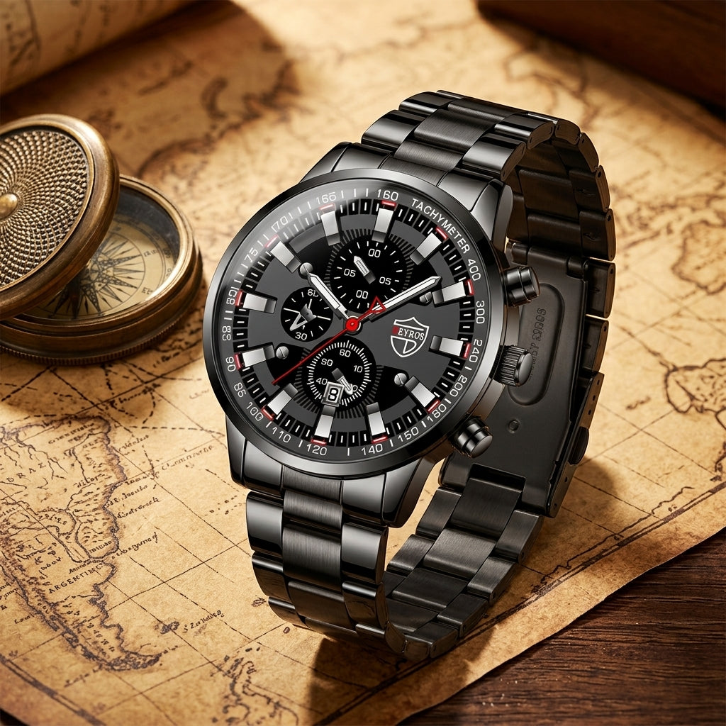Montre Homme Chronographe Acier – acier noir, cadran noir, index argent