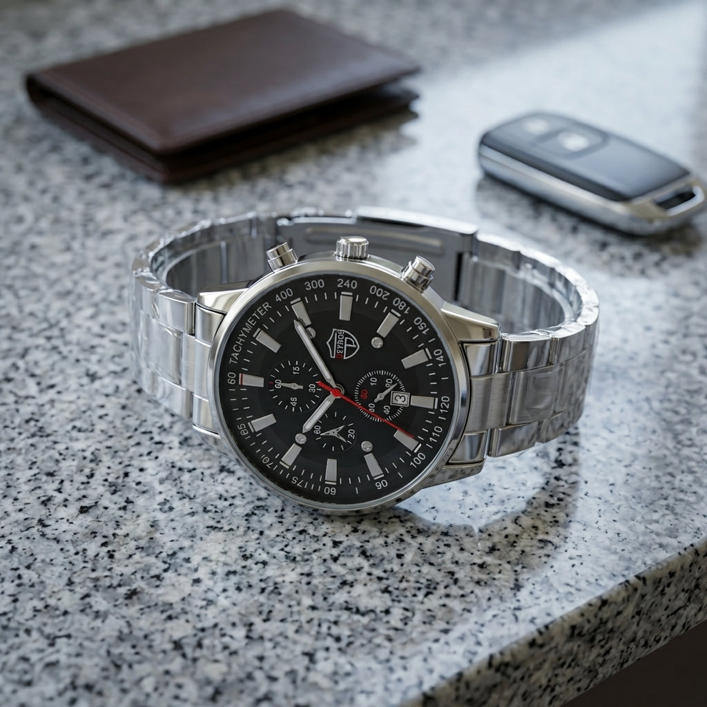Montre Homme Chronographe Acier – acier argent, cadran noir