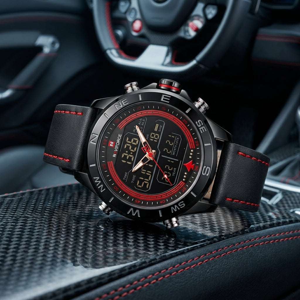 Montre Homme Double Affichage Acier – boîtier noir, détails et surpiqûres rouges, cuir noir