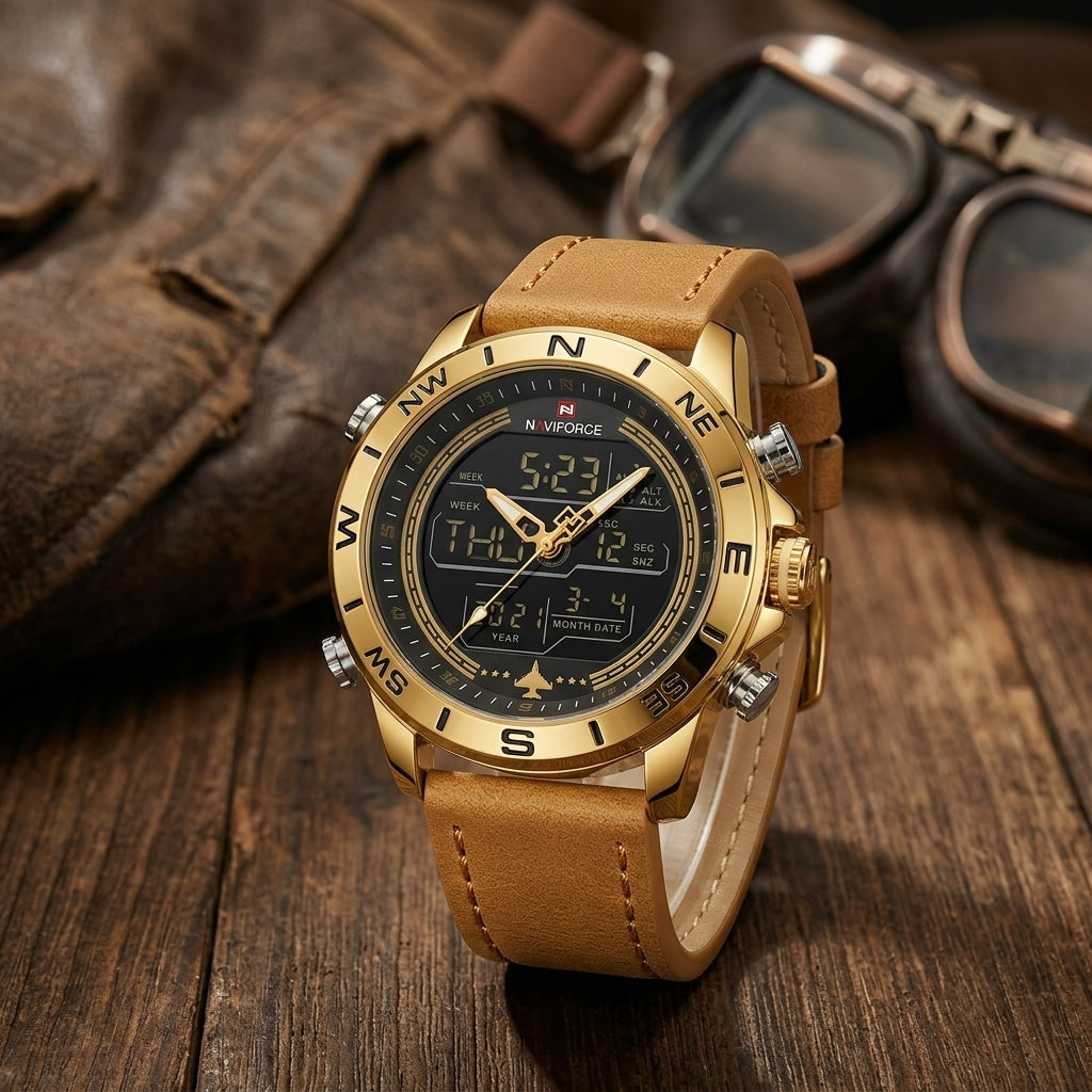 Montre Homme Double Affichage Acier – boîtier or, cadran noir, cuir camel