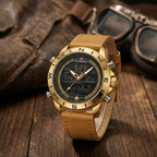 Montre Homme Double Affichage Acier – boîtier or, cadran noir, cuir camel