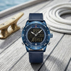 Montre Homme Double Affichage Acier – boîtier bleu, cadran bleu, cuir bleu marine