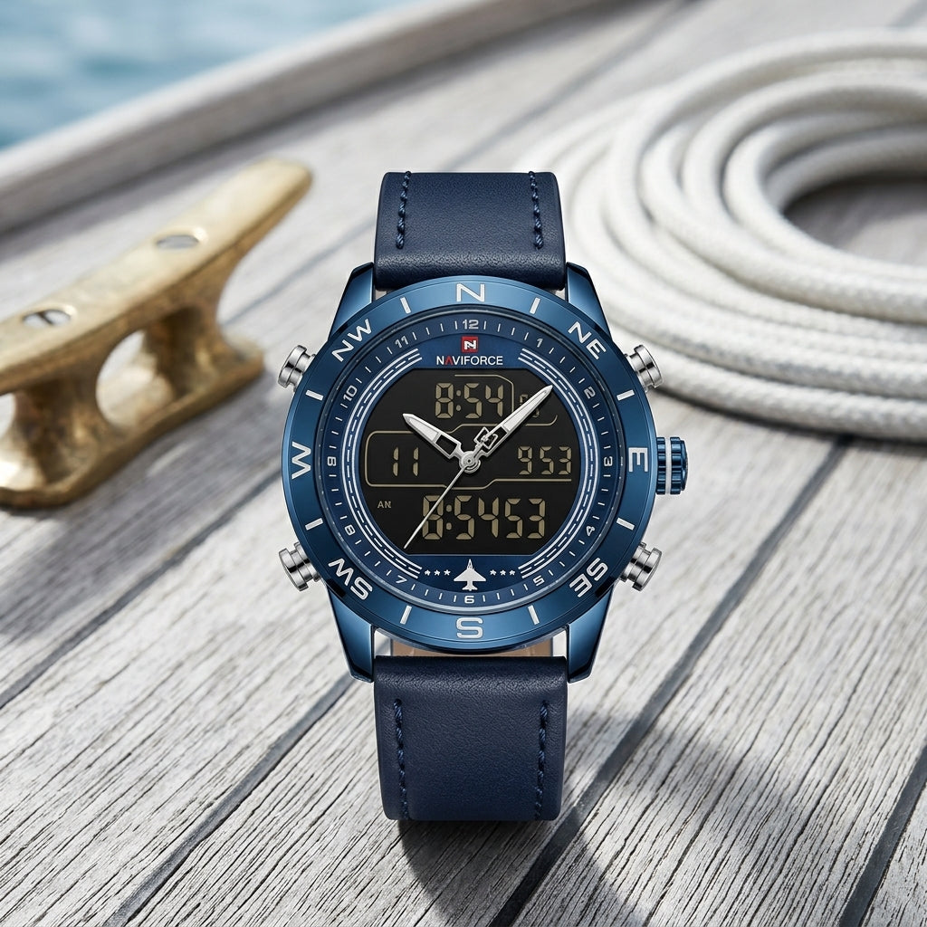Montre Homme Double Affichage Acier – boîtier bleu, cadran bleu, cuir bleu marine