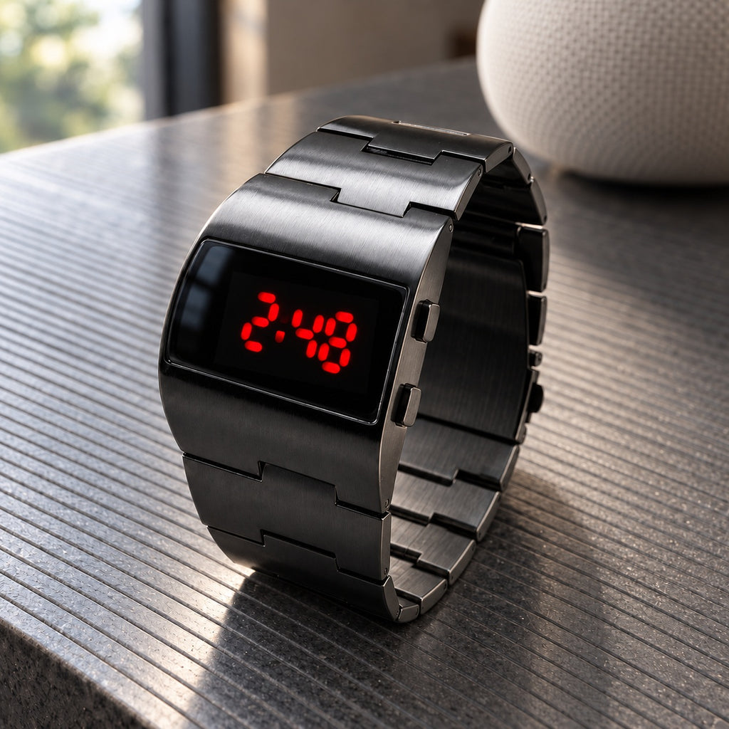 Montre Homme LED Acier Design – métal noir anthracite, LED rouges