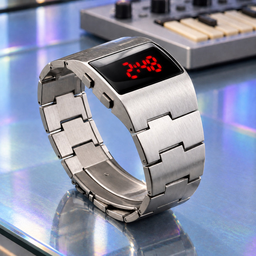 Montre Homme LED Acier Design – métal argent, LED rouges