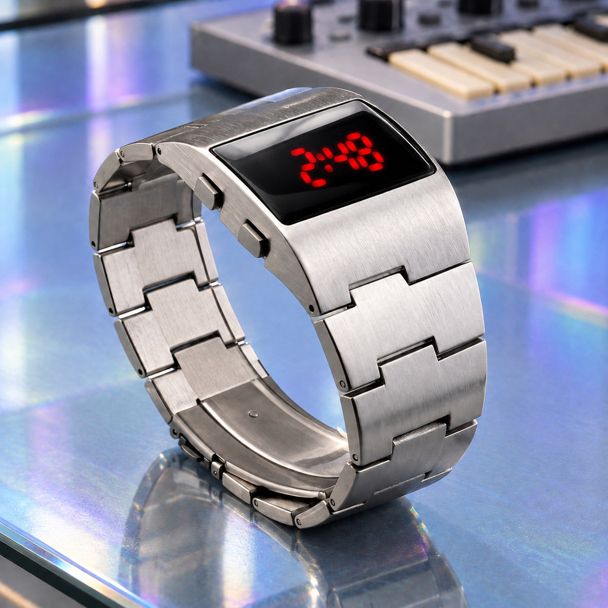 Montre Homme LED Acier Design – métal argent, LED rouges