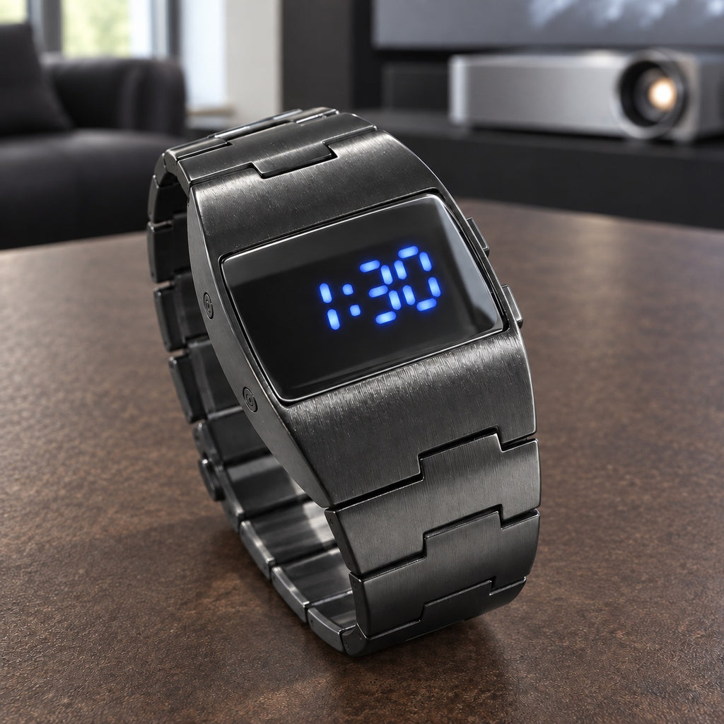 Montre Homme LED Acier Design – métal noir anthracite, LED bleues