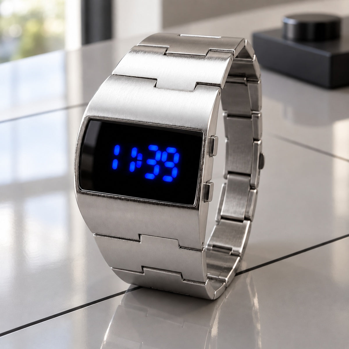 Montre Homme LED Acier Design – métal argent, LED bleues