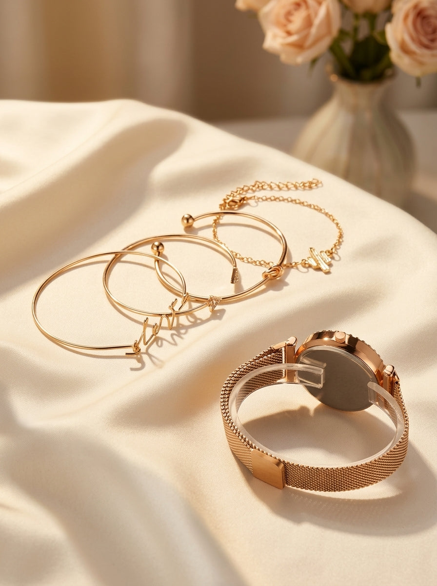 Coffret Montre Femme Ciel Étoilé et Joncs Dorés