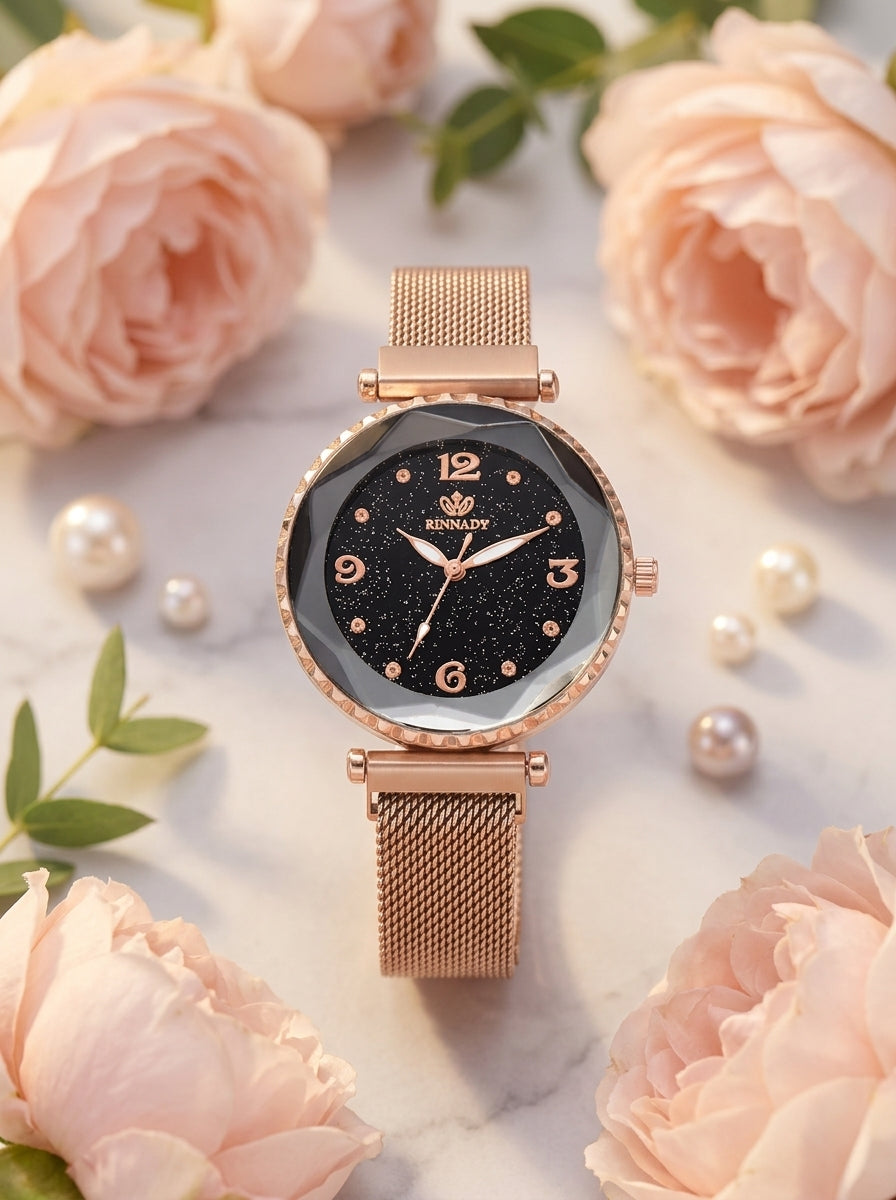 Coffret Montre Femme Ciel Étoilé et Joncs Dorés