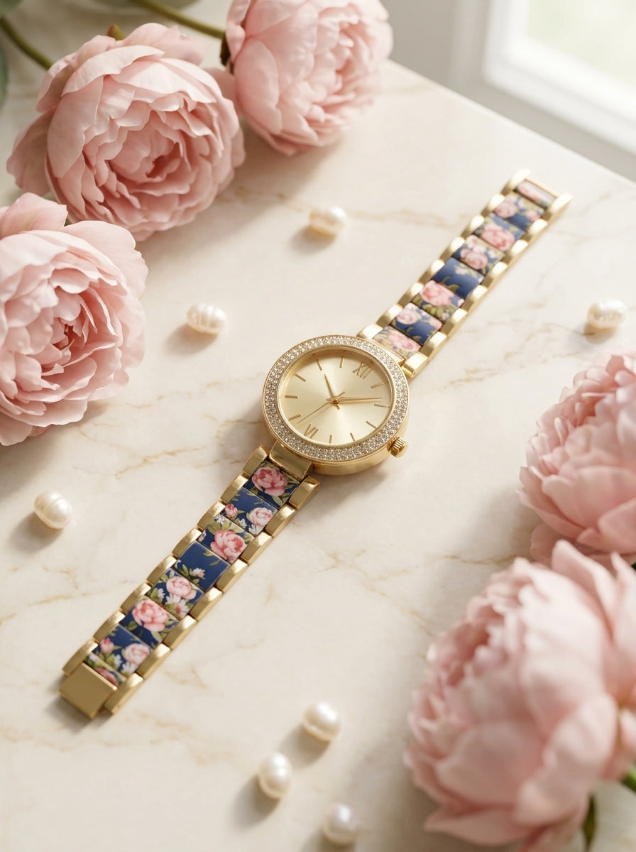 Montre Femme Dorée Maillons Fleuris Strass