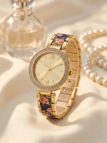 Montre Femme Dorée Maillons Fleuris Strass
