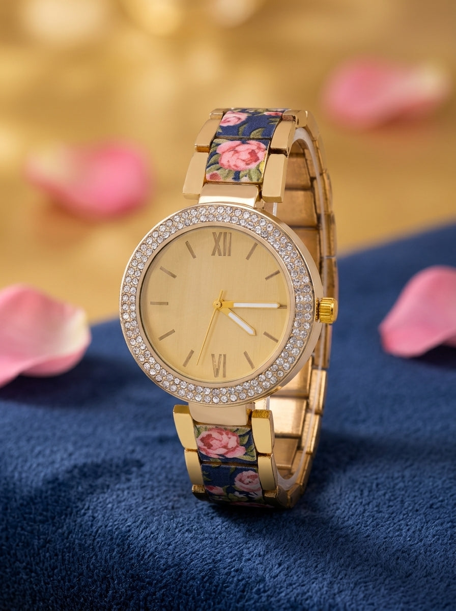 Montre Femme Dorée Maillons Fleuris Strass